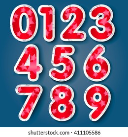 Set of glossy figures. Numbers from zero to nine. Numbers covered with Red and silver stars. Isolated numbers with shadow. Vector Illustration 