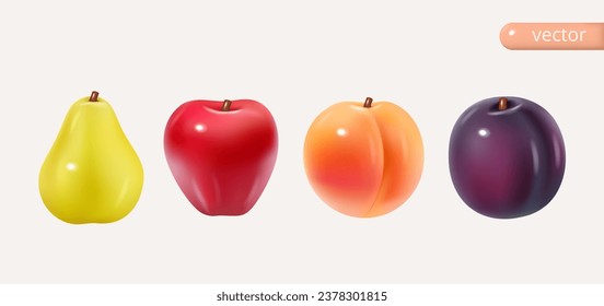 Conjunto de frutas glosas. Oso, manzana, melocotón, ciruela. Conjunto vectorial 3d aislado. Vector realista al estilo de las caricaturas