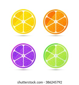 Set of glossy fruit slices isolated on white