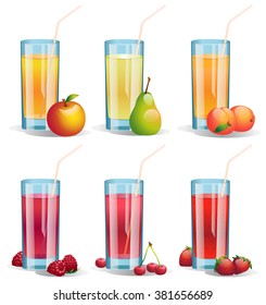 Set of glossy glases of various juices. Vector