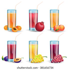 Set of glossy glases of various juices. Vector