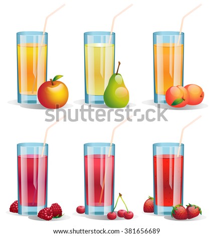 Set of glossy glases of various juices. Vector