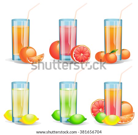 Set of glossy glases of various juices. Vector