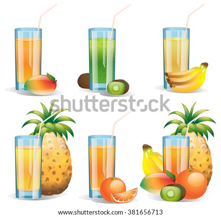 Set of glossy glases of various juices. Vector
