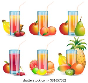 Set of glossy glases of various mixed juices. Vector