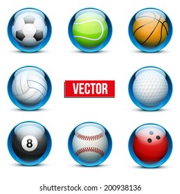 Set of Glossy Glass sports icons. Buttons and symbols for a site or application. Vector illustration and Isolated on white background.