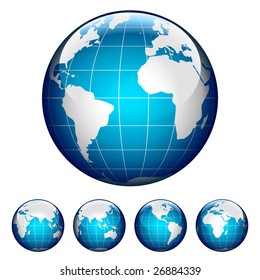 Set of glossy globes. Different views. Vector Illustration