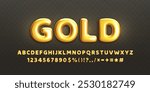 Set of glossy golden 3d numbers and letters in realistic style. Gold yellow metallic english alphabet with punctuation marks, symbols on a black background. Decorative foil font. Vector illustration