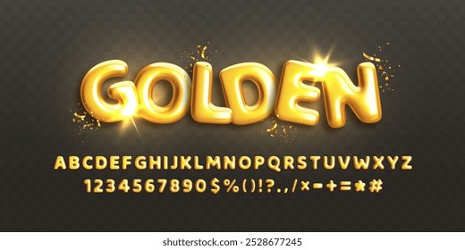 Set of glossy golden 3d numbers and letters in realistic style. Complete alphabet with punctuation marks for banner, greeting card, anniversary or birthday party invitation design. Vector illustration