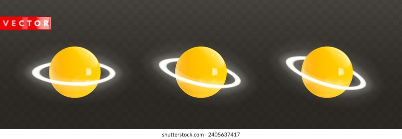 Set of glossy golden 3d Saturn icons with white neon glowing rings around in realistic style rendering. Yellow cartoon plastic planets isolated on transparent dark background. Vector illustration