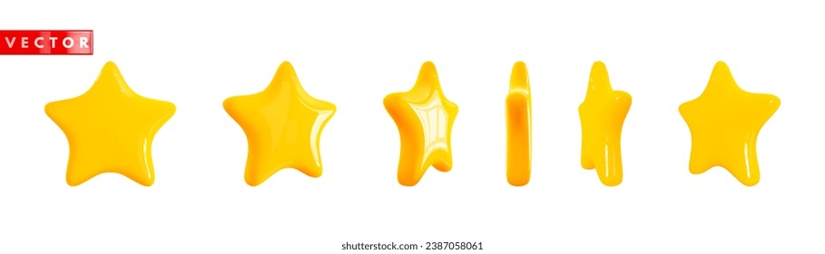 Set of glossy golden 3d stars realistic style rendering. Animation rotating yellow plastic icon stars isolated on white background. Vector illustration
