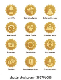 A set of glossy golden achievement winn er badges to appreciate top players. For shooter, runner, arcade, social and other games.