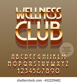 Set of glossy golden alphabet letters, numbers and punctuation symbols. Vector reflective sign with text Wellness club. File contains graphic styles