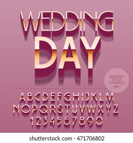 Set of glossy golden alphabet letters, numbers and punctuation symbols. Vector reflective card with text Wedding day. File contains graphic styles