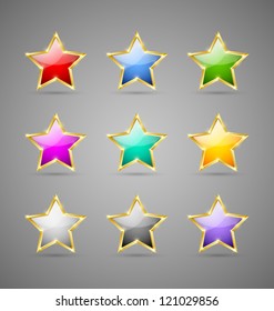 Set of glossy golden colorful stars isolated on grey background