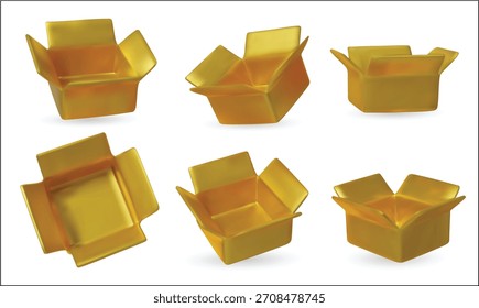 Conjunto de cajas de regalo abiertas de oro brillante en diferentes ángulos, perfecto para el diseño de empaques de lujo, marca, maquetas y promociones festivas.