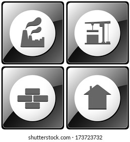 set of glossy gray industrial button with factory, architecture and construction crane