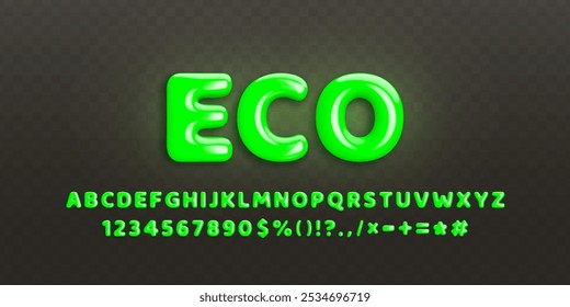 Set of glossy green 3d letters and numbers from 0 to 9 in realistic style. Complete english alphabet with punctuation marks, symbols on black background. Decorative plastic font. Vector illustration