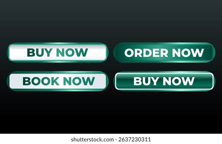 A set of glossy green call to action buttons with various texts BUY NOW,ORDER NOW and BOOK NOW. These modern gradient buttons are ideal for e commerce websites, digital marketing campaigns
