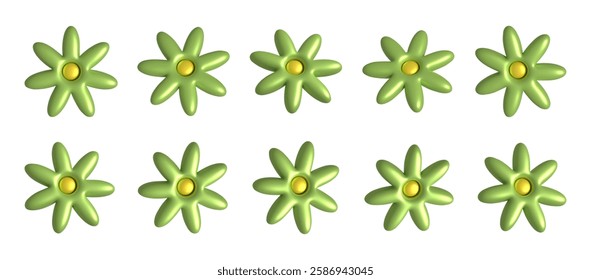 Set of glossy green chamomile flowers with yellow center. Volumetric inflated petals, different angles. 3D realistic illustration