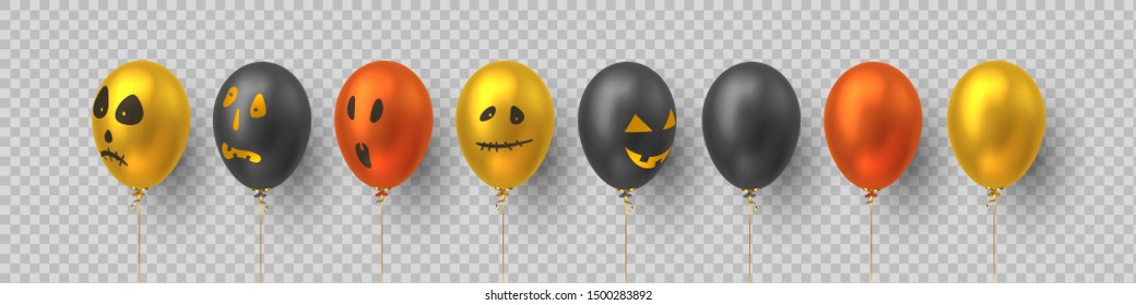Set of glossy Halloween air balloons with monster faces. Decorative elements for holiday design. Isolated on transparent background. Vector.