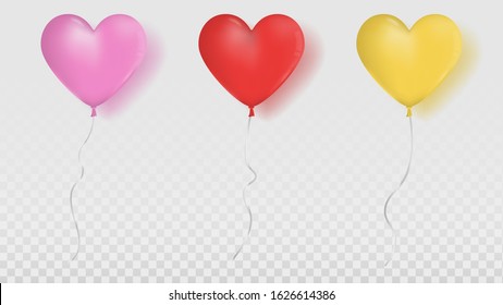 Set of glossy heart shaped balloons in pink, red and yellow colors with ribbon on transparent background. Element for wedding party, card invitation. Premium Editable Vector EPS 10.