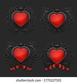 Conjunto de corazones brillantes. Escudo de armas. Ilustración vectorial.
