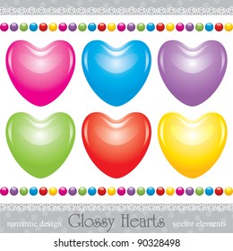 set of glossy hearts and colorful beads