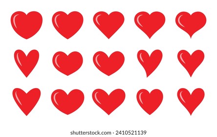 Conjunto de corazones brillantes de color rojo. Conjunto de corazones de color rojo, iconos de corazón rojo conjunto vector, Conjunto de 15 corazones de diferentes formas para la web. Colección de corazón. Arte vectorial