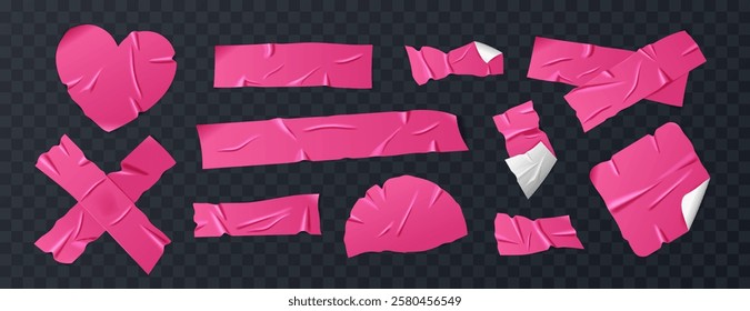 Set of glossy hot pink duct tape, adhesive tape, or sticky paper strips. Isolated elements in various shapes on background. Realistic crumpled tape pieces for collages and creative designs. Vector.