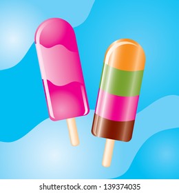 Set of glossy ice cream lilly pops in abstract blue background