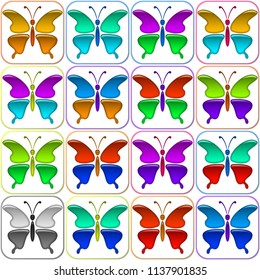 Set of Glossy Icons Butterflies with Colorful Wings, Isolated on White Background. Eps10, Contains Transparencies. Vector