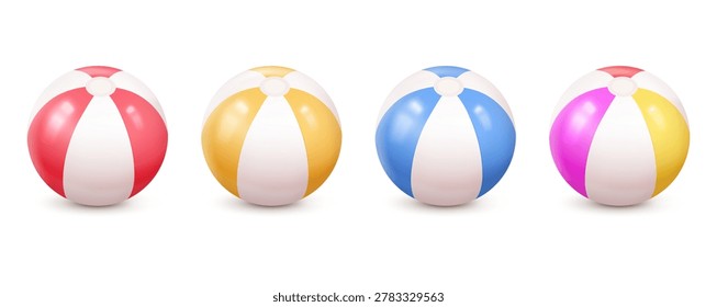Set of glossy inflatable beach balls in different bright colors isolated on white background. Realistic summer pool toy collection for vacation and beach design.