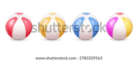 Set of glossy inflatable beach balls in different bright colors isolated on white background. Realistic summer pool toy collection for vacation and beach design.
