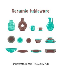  Set of glossy kitchenware ceramic dishes for home cooking, restaurant and cafe. Handmade crockery, design elements in flat vector style