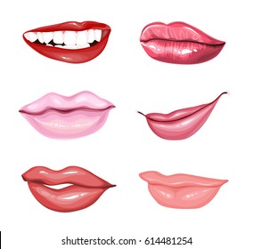 Set of glossy lips of different color, vector illustration