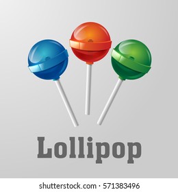 Set of glossy lollipop sweet candy, colorful illustration on grey background. Vector