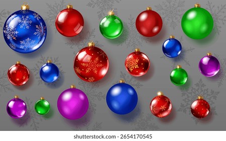 Set of glossy and matte Christmas ornaments in various colors, smooth and decorated with intricate patterns. The balls have soft shadows and are set against a grey background with snowflakes.