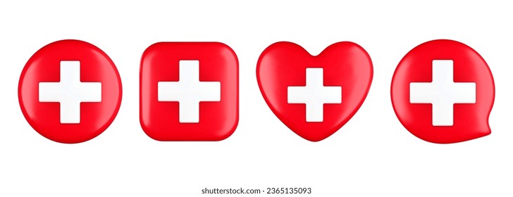 Set of glossy medical crosses in realistic 3d style. First aid sign and symbol on a white background. Vector illustration