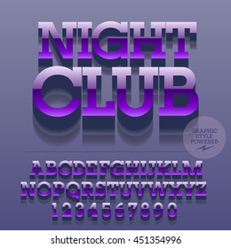 Set of glossy metallic alphabet letters, numbers and punctuation symbols. Vector reflective  logotype with text Night club. File contains graphic styles