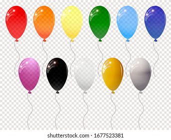 set of glossy multicolored balloons on a transparent background. Collection of transparent and matte balls. Vector illustration