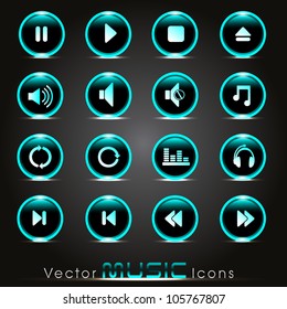 Set of glossy music web icons in green color on shiny black background. EPS 10. Vector illustration.