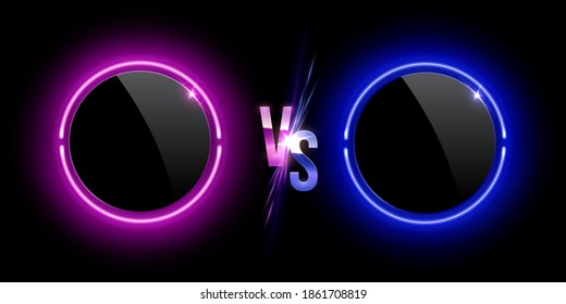 Set of glossy neon plastic buttons pink VS blue color. Glow laser round shapes with soft light effect isolated on black background. Vector illustration of circle frames blank template design element
