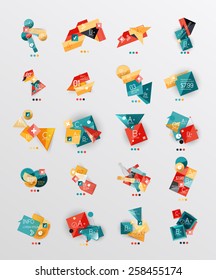 Satz von geometrischen abstrakten Infografiken im glänzenden Papierstil, 3D-Formen mit hellen Kanten