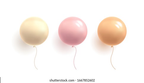 Set of glossy pastel colour gentle girlish balloons in round shape, 3d sphere, isolated vector illustration