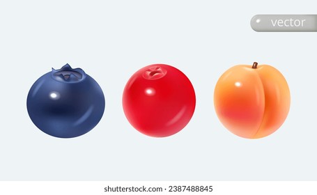 Set of glossy peach and berries. 3d vector set isolated. Realistic vector in cartoon style.