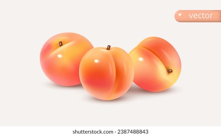 Set of glossy peaches with shadows. 3d vector set isolated. Realistic vector cartoon style.