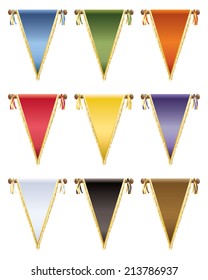 set of glossy pennants with gold tassels, 9 variations isolated on white