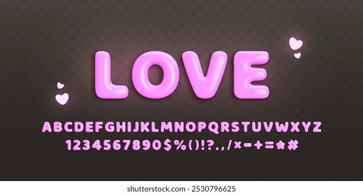 Set of glossy pink 3d letters and numbers from 0 to 9 in realistic style. Complete english alphabet with punctuation marks, symbols on black background. Decorative plastic font. Vector illustration