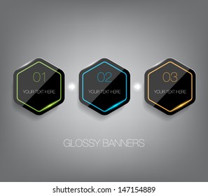 Set of glossy plastic banners with shiny neon lights for business design, infographics, reports, number options, step presentation or workflow layout. Clean and modern style